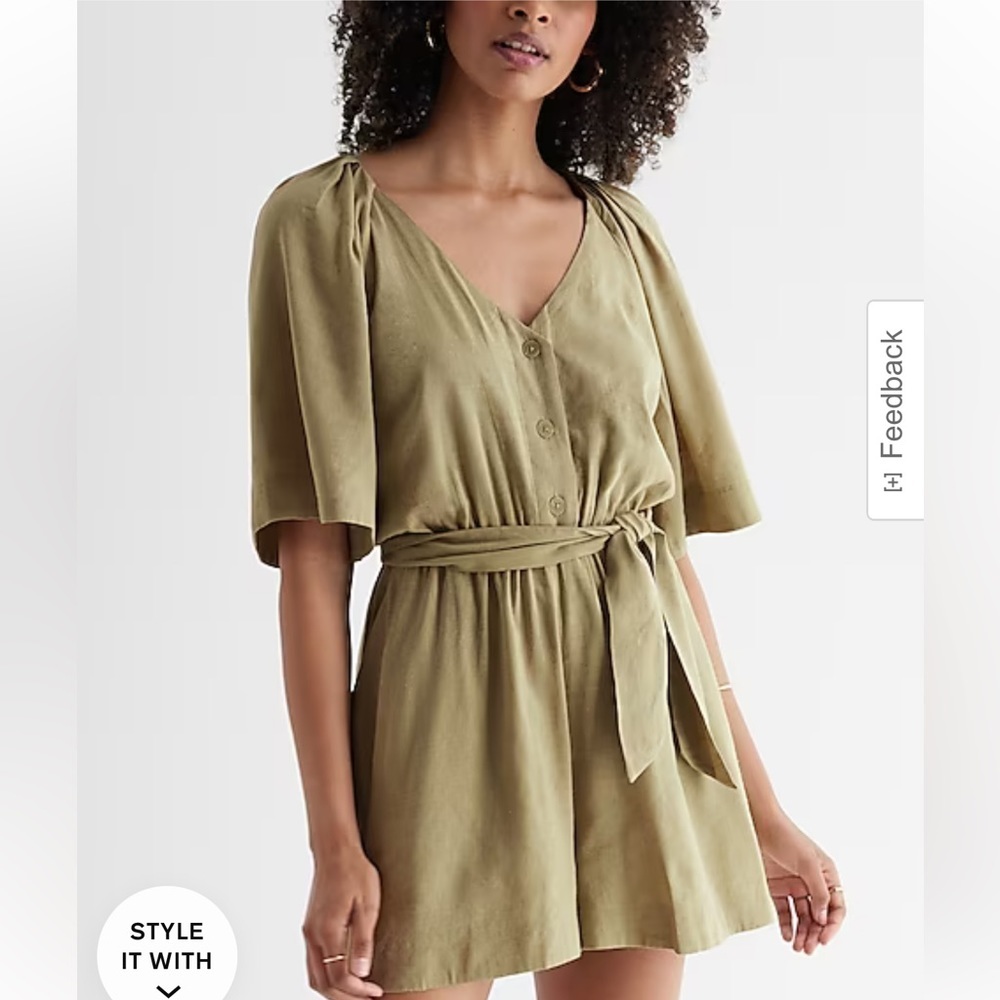 EXPRESS SAGE GREEN LINEN BLEND BUTTON UP TIE WAIST ROMPER SIZE XS - Picture 1 of 12